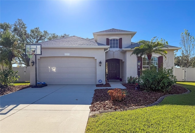 view of front of property featuring a garage and a front lawn