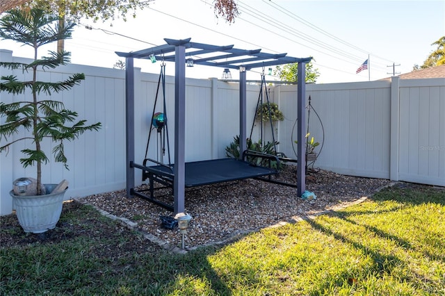 view of yard with a fenced backyard and a pergola