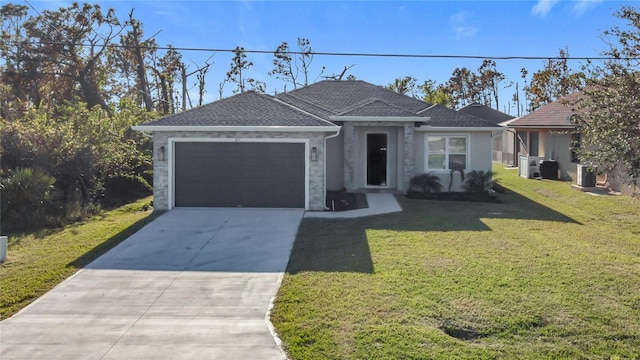 ranch-style house with a front yard and a garage