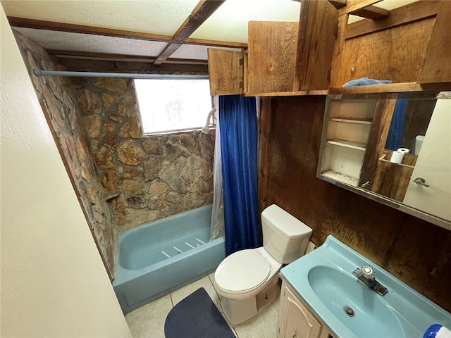 full bathroom featuring toilet, shower / tub combo, tile patterned floors, and vanity