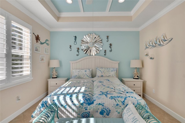 tiled bedroom with crown molding, a tray ceiling, and multiple windows