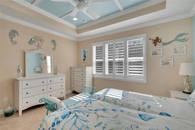 bedroom featuring multiple windows, ceiling fan, crown molding, and light tile patterned floors