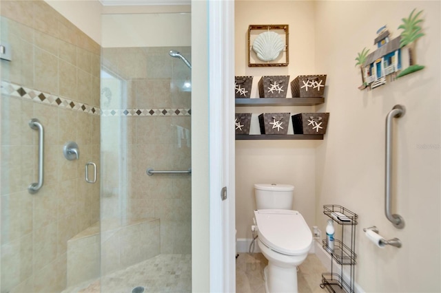 bathroom featuring tile patterned flooring, toilet, and an enclosed shower