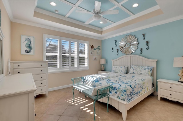 bedroom with ceiling fan, light tile patterned floors, crown molding, and coffered ceiling