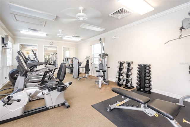 gym featuring ceiling fan and ornamental molding