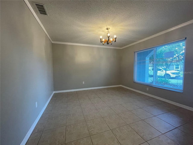 unfurnished room featuring ornamental molding, a textured ceiling, tile patterned floors, and a notable chandelier