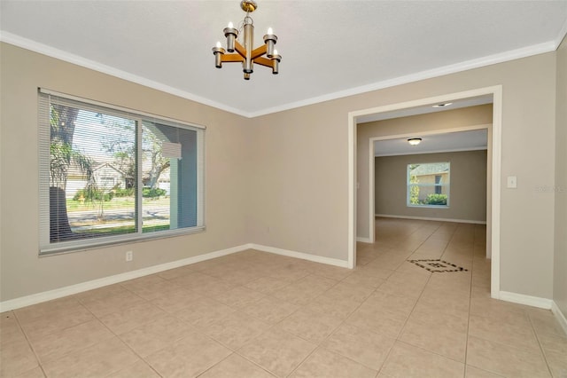 tiled empty room with a notable chandelier, ornamental molding, and a textured ceiling