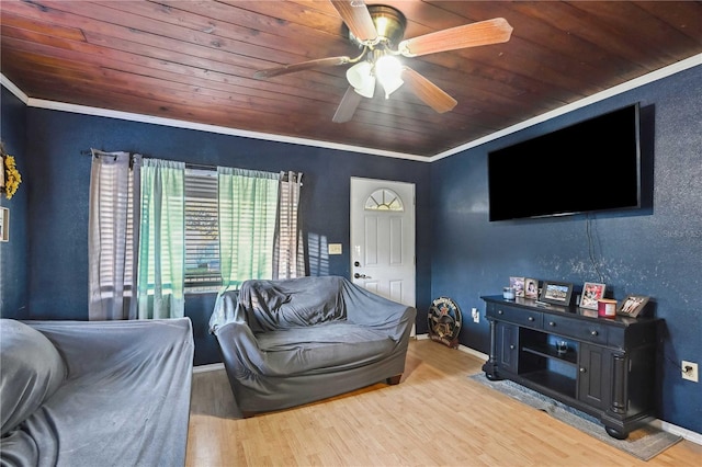 living room featuring crown molding, hardwood / wood-style floors, ceiling fan, and wood ceiling