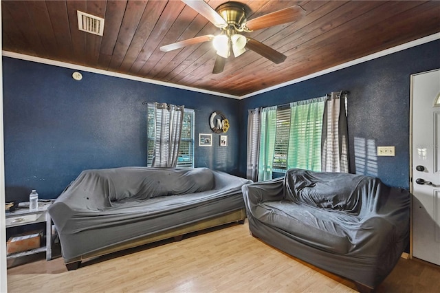 bedroom featuring ceiling fan, wood ceiling, and multiple windows