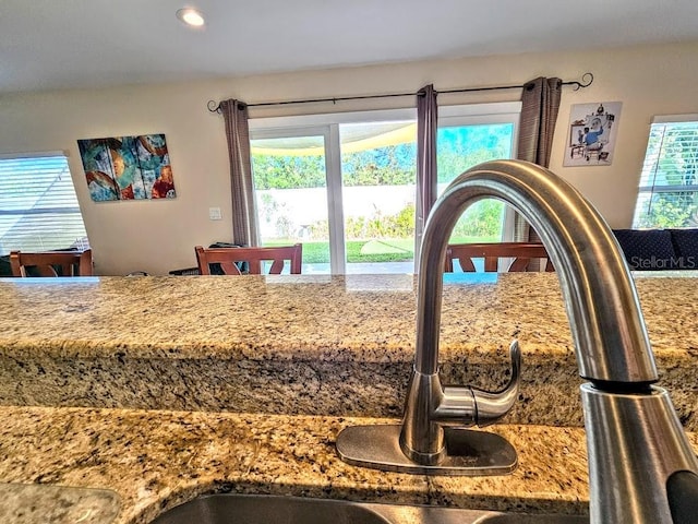 details featuring stone counters and sink