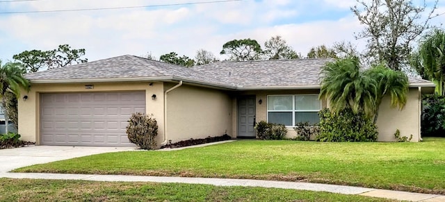 ranch-style home featuring a garage and a front yard