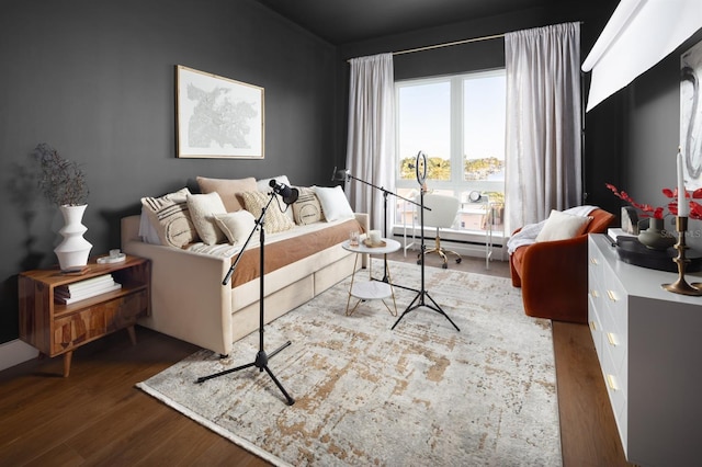 living room featuring baseboard heating and dark hardwood / wood-style flooring