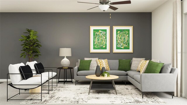 carpeted living room with ceiling fan