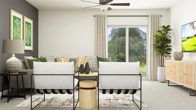 living room featuring carpet and ceiling fan