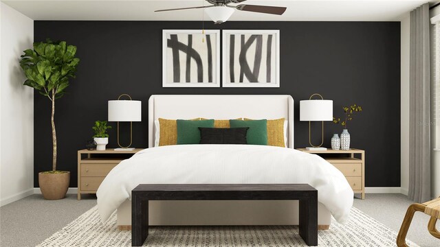 carpeted bedroom with ceiling fan