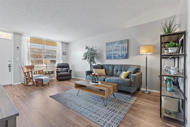 living room with wood-type flooring and a textured ceiling