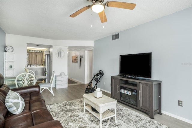 living room featuring wood-type flooring and a textured ceiling