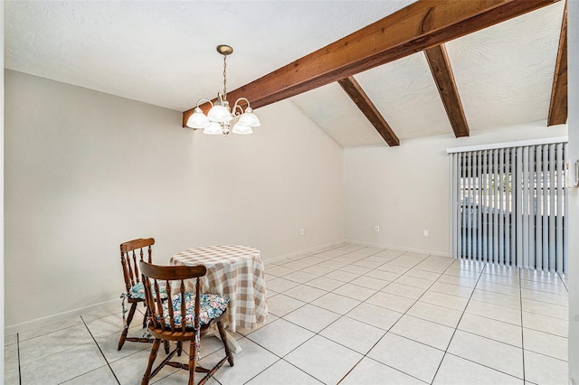 tiled dining room with lofted ceiling with beams and a notable chandelier