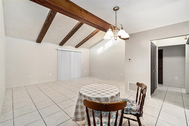 tiled dining space featuring lofted ceiling with beams and a notable chandelier