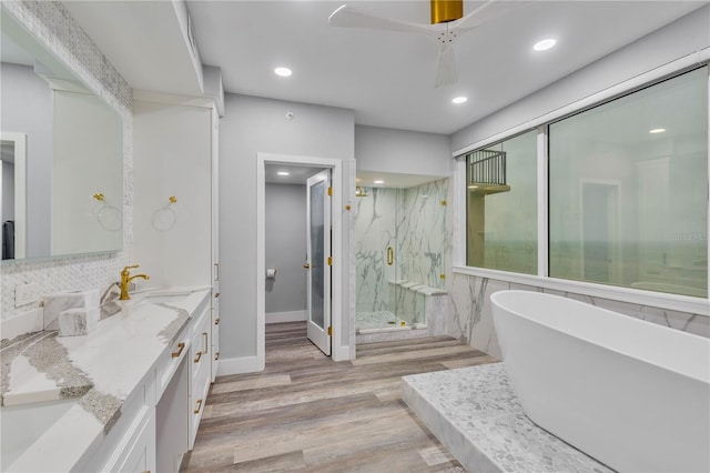 bathroom with plus walk in shower, hardwood / wood-style flooring, and vanity