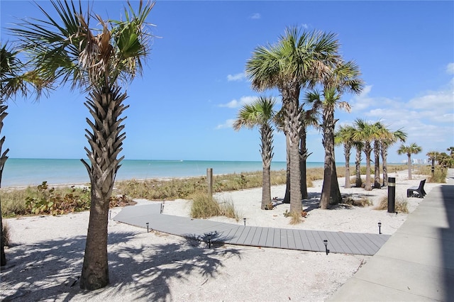 view of community featuring a water view and a beach view