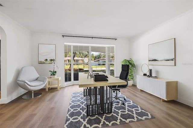 office area featuring wood-type flooring and crown molding