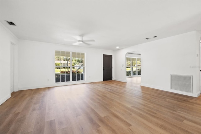 empty room featuring plenty of natural light, ceiling fan, and light wood-type flooring