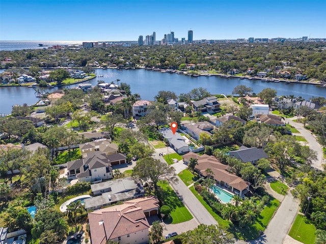 aerial view featuring a water view