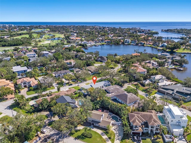 drone / aerial view featuring a water view