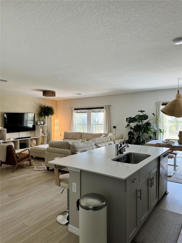 kitchen featuring gray cabinetry, a kitchen island with sink, sink, light wood-type flooring, and a textured ceiling