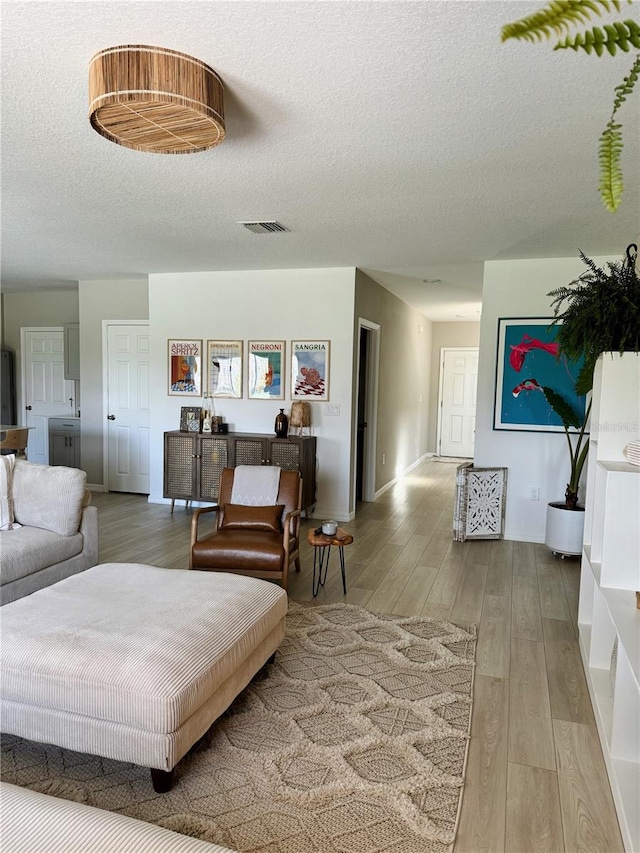 living room with hardwood / wood-style floors and a textured ceiling