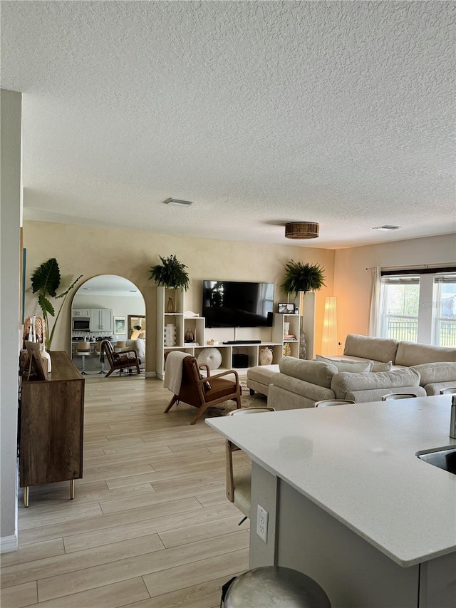 living room with a textured ceiling and light hardwood / wood-style flooring