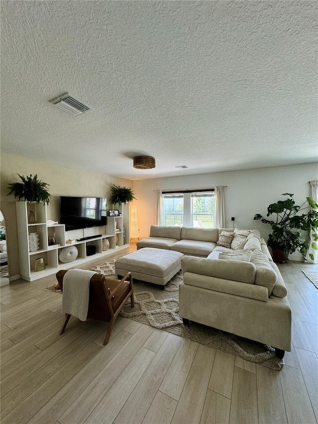 living room featuring a textured ceiling and light hardwood / wood-style flooring