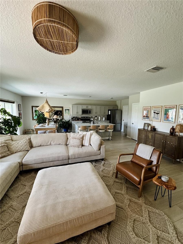 living room with light hardwood / wood-style floors and a textured ceiling