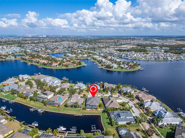 bird's eye view with a water view