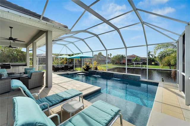 view of swimming pool with a jacuzzi, a patio area, outdoor lounge area, pool water feature, and glass enclosure