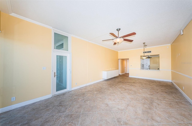 unfurnished living room featuring a textured ceiling, ceiling fan, and crown molding