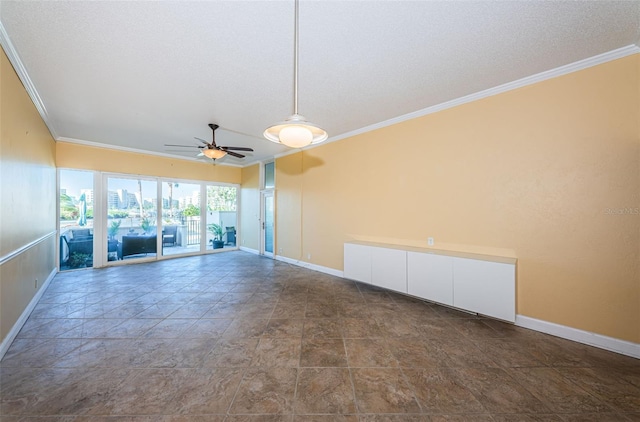 empty room with ceiling fan and ornamental molding