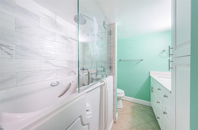 bathroom with tile patterned floors, vanity, toilet, and an enclosed shower