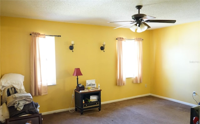 unfurnished room featuring carpet, ceiling fan, and a textured ceiling