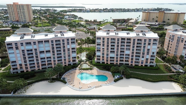 aerial view featuring a water view