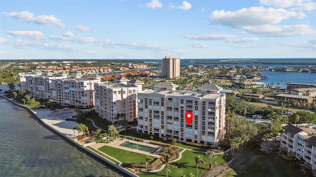 birds eye view of property featuring a water view