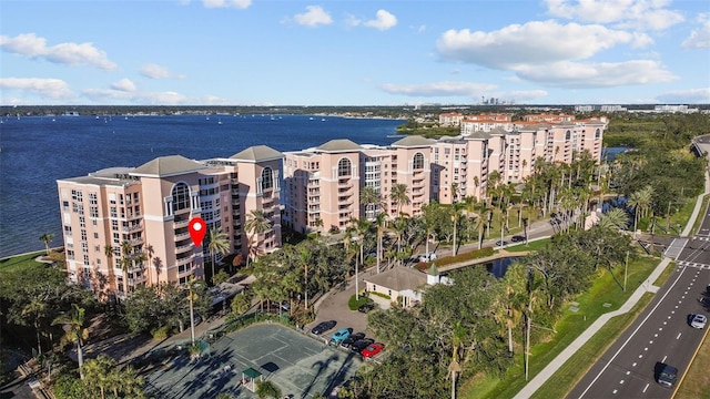 aerial view featuring a water view