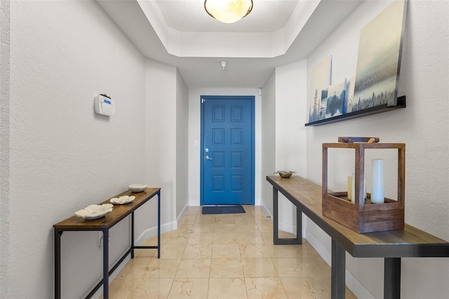 foyer featuring a raised ceiling