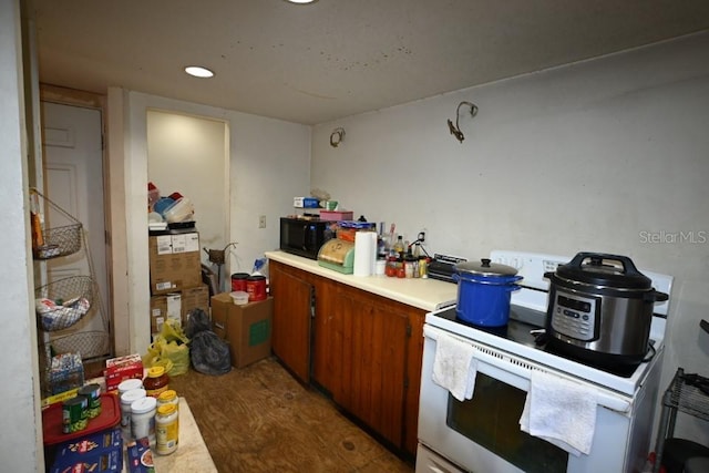 kitchen with hardwood / wood-style flooring and white range with electric stovetop