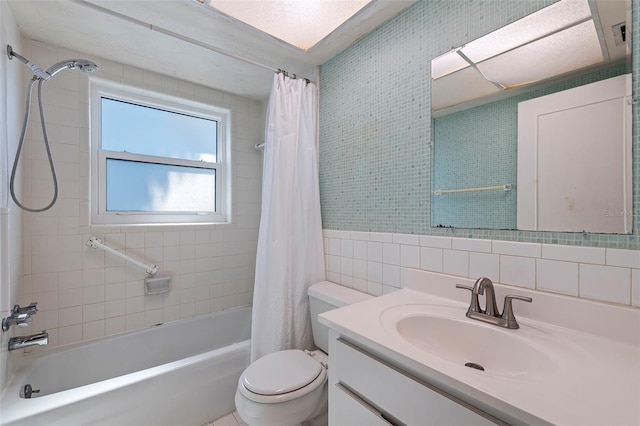 full bathroom featuring shower / tub combo, tile walls, tasteful backsplash, toilet, and vanity