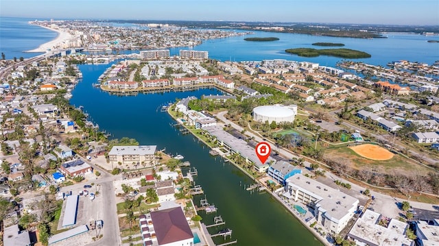 drone / aerial view featuring a water view