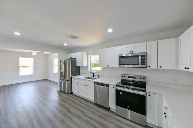 kitchen with stainless steel appliances, white cabinetry, a healthy amount of sunlight, and sink