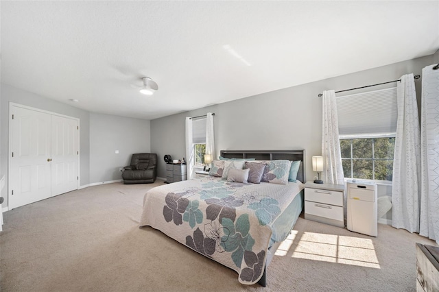 bedroom featuring a closet, light colored carpet, and multiple windows