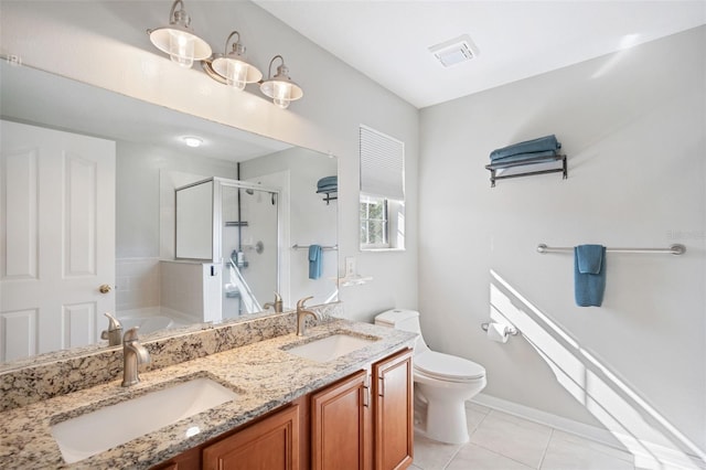 full bathroom featuring tile patterned flooring, vanity, toilet, and plus walk in shower